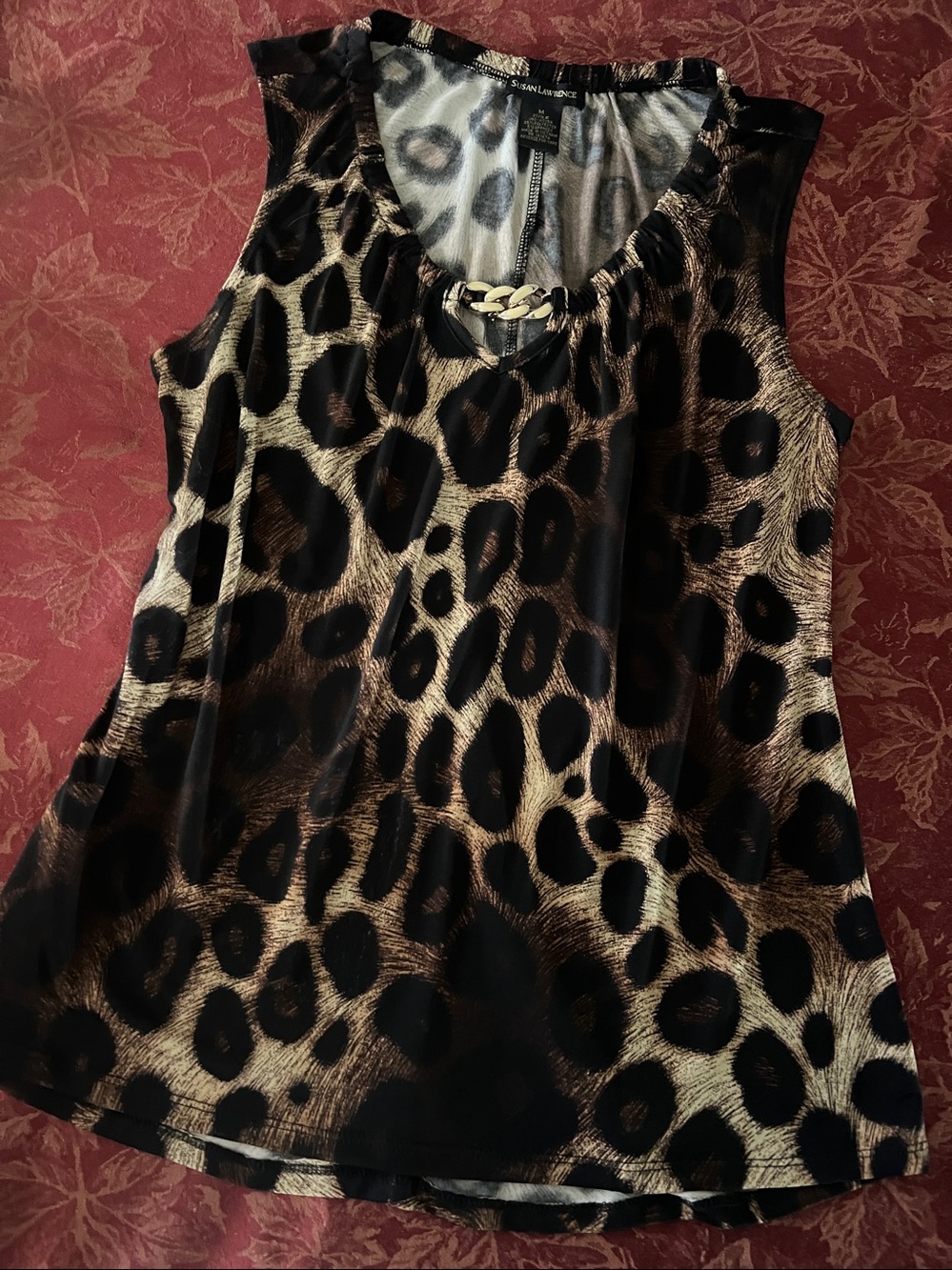 Susan Lawrence Silky Animal Print Sleeveless Top in Rich Black and Browns M